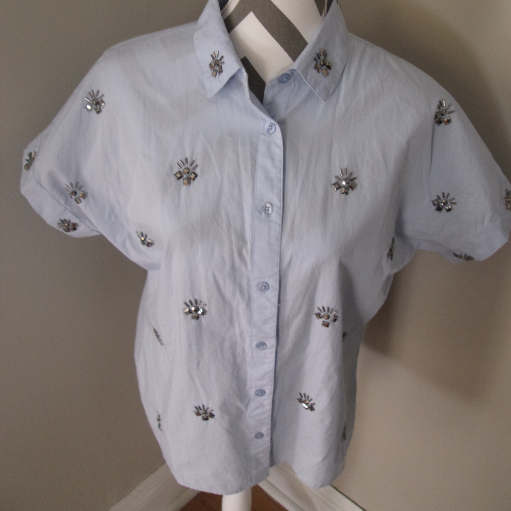 Dizzy Lizzy Blue Jeweled Shirt MED Short Slv